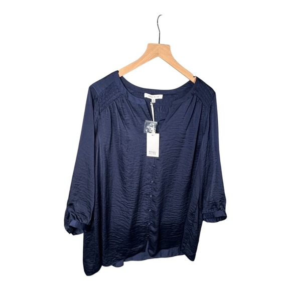 Rose & Olive Blouse Top Womens Sz 1XL 3/4 Sleeve Button Down Smocked Navy Career - Picture 3 of 10